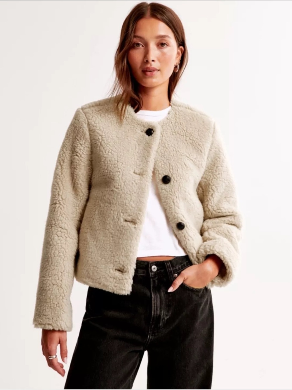 Abercrombie & Fitch Collarless Sherpa Jacket Light Brown Tan Women's Size M